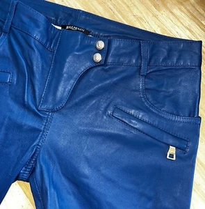 Auth 61634 BALMAIN Kidskin leather Blue BIKER Moto Pants Gold Hardware FR38 US 6 - Picture 1 of 15