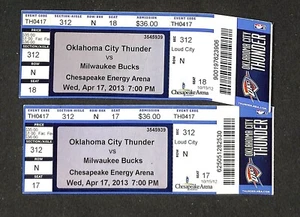 APRIL 17, 2013 MILWAUKEE BUCKS @ OKLAHOMA CITY THUNDER TWO (2) FULL TICKETS - Picture 1 of 1