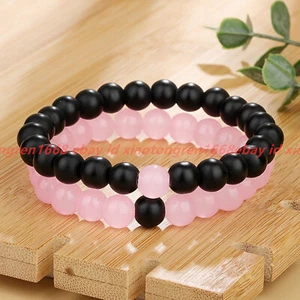 Natural 2 Pcs 8mm Pink Jade & Black Matte Agate Gems Round Beads Bracelet 7.5in - Picture 1 of 12
