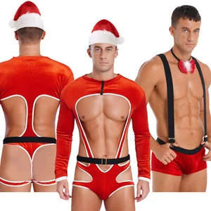 Men's Christmas Suspender Shorts Santa Claus Costume Singlet Boxer Bodysuit - Picture 1 of 38