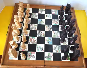 Vintage Oriental Chess Set Carved Men Dragon Inlaid Tile Board - Picture 1 of 8