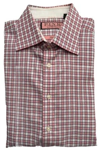 Thomas Pink Men’s Pink White Gingham Slim Fit Dress Shirt 16 41cm - Picture 1 of 8