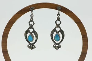 Vintage Sterling Silver, Turquoise & Marcasite Drop Earrings, 2” Hang Length - Picture 1 of 5