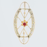 Edwardian Red Glass & Seed Pearl Pendant - 10k Yellow Gold Vintage