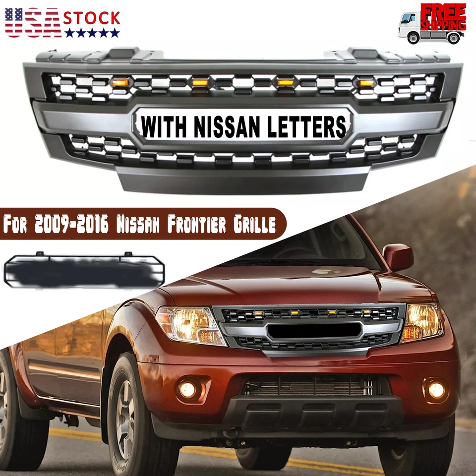 Front Grille For 2009-2016 Nissan Frontier Bumper Grille W/Letters&Lights Black - Image 1 of 4