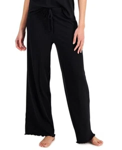 Jenni Ladies Solid Black Ribbed Pajama Pants w/ Lettuce Trim & Drawstring Waist - Picture 1 of 4