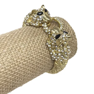 Brazalete Brazalete Pantera Leopardo Figura Jaguar Tono Dorado Bisagras Estrás - Imagen 1 de 7