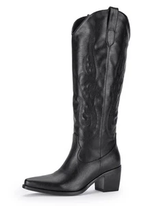 Pasuot Knee-High Wide Calf Cowgirl Boots - Black Pull-On Embroidered Cowboy B... - Picture 1 of 6