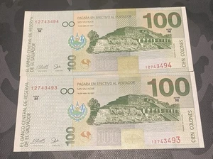 Lot of 2 consecutive 100 colones banknotes from 1997 from El Salvador, UNC. - Picture 1 of 2