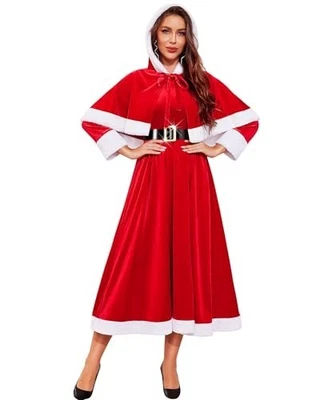 RSLOVE Mrs Clause Dress and Cape Set Crushed Red Velvet with White Fluffy Trim