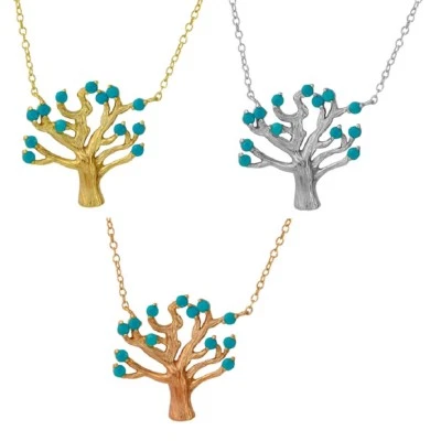 Sterling Silber Halskette Mit Türkis Perlen Baum Anhänger - Bild 1 von 2