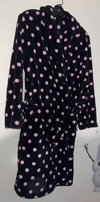 Charter Club Mujer Bata M Negro y Rosa Polkadot Felpa Midi Largo Bolsillos Cinturón Foto 1 de 4