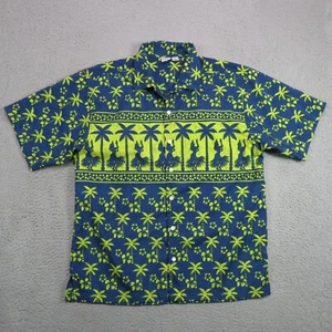 VTG Ocean Pacific Shirt Mens Large Lime Blue All Over Print OP Hawaiian Surf 90s - Picture 1 of 12