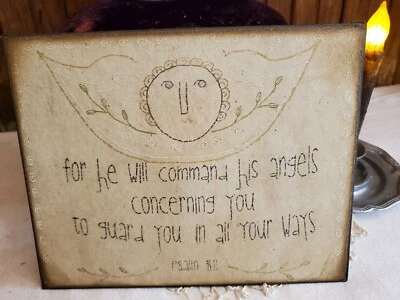 FOLK PRIMITIVE VICTORIAN VINTAGE ANTIQUE STYLE PSALM 91:11 ANGELS GUARD SIGN  - Image 1 of 4