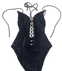 Traje de baño Gottex Monokini de una pieza 6 negro tachonado imitación vidrio diamante 13SA-035 - Imagen 1 de 11