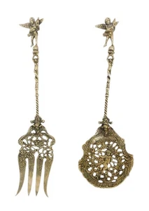 Montagnani verzierter Engel Messing silberfarben Gabel & Servierlöffel Set Vintage Italien - Bild 1 von 4