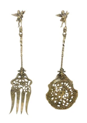 Montagnani Ornate Angel Brass Silver Tone Fork & Serving Spoon Set Vintage Italy - Image 1 of 4