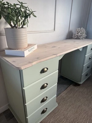 Upcycled Vintage Style Pine Dressing Table / Desk - Sage Green & Natural Wood - Image 1 of 4