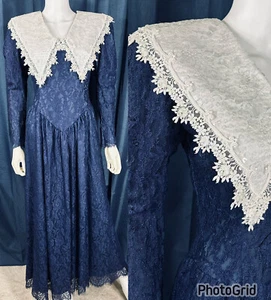 Vtg Modest Cottage Jessica McClintock Dress 12 Blue Yoke Lace Gunne Sax - Picture 1 of 24