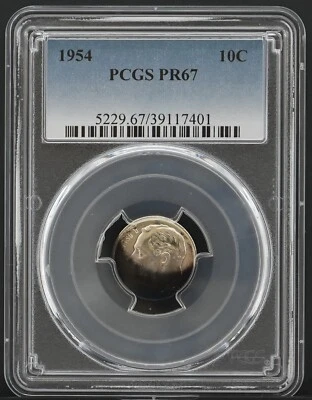 PR67 1954 PCGS GRADED PROOF SILVER ROOSEVELT DIME RARE UNC. NATURALLY TONED COIN - Image 1 of 4