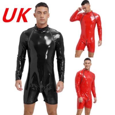 Men’s PVC Leather Bodysuits Zipper Unitard Wet Look Jumpsuits Romper Clubwear - Image 1 of 4