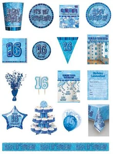 16/16 Cumpleaños Azul Brillo Fiesta Gama - Fiesta/Platos/Serpientes/Banderas/Tazas - Imagen 1 de 26