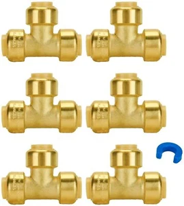 6Pack 1/2-In Push Fit Plumbing Tee Push to Connect Plumbing Brass Pipe Connector - Picture 1 of 7