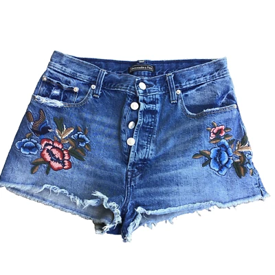 Abercrombie Fitch Blue Embroidered Floral Distressed Denim Shorts Women 29 x 2  - Image 1 of 4