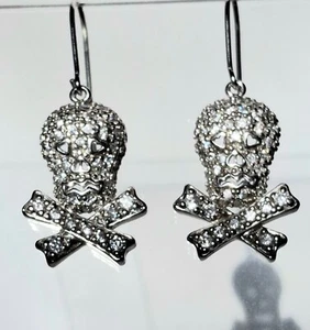 925 STERLING SILVER COLORLESS  GEMS SKULLS AND BONES EARRINGS.  NEW - Picture 1 of 15