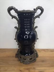 Ornate Vase Urn With Handles Cobalt Blue Porcelain Brass Ormolu Large - Picture 1 of 8