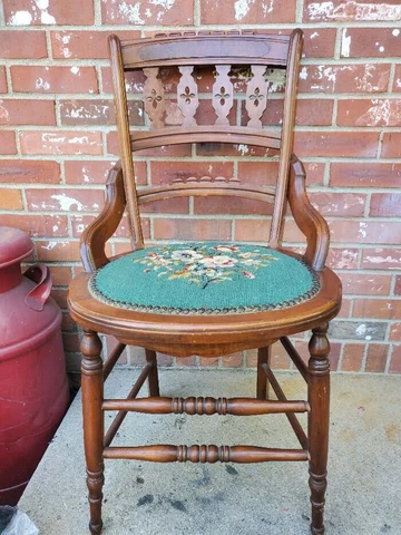 Antique Walnut Chair Dark Green Needlepoint Ornate Carved Backrest Spindles #3 Cover