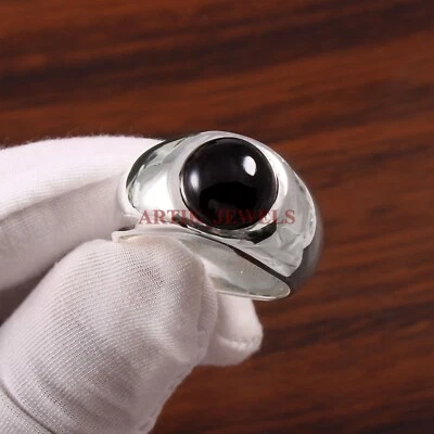 Natural Black Onyx Gemstone with 14K White Gold Plated Silver Ring for Men #3595 - Image 1 of 4