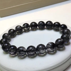 10mm Natural bar Black Hair Rutilated Crystal Round Beads Sphere Bracelet - Picture 1 of 7