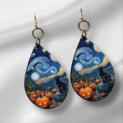 Starry Night Pumpkin Patch Black Cat Earrings NO TARNISH Teardrop Cat Mom Gift - Image 1 of 4