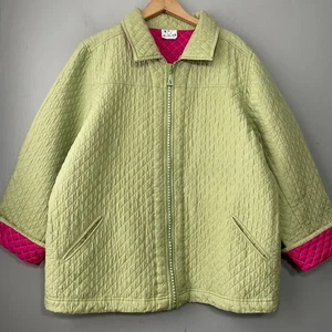 Quacker Factory Boxy Coat Plus Size 1X Green Silk Rhinestone Zip Quilted Jacket - Picture 1 of 12