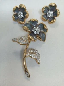 NOLAN MILLER Vtg Brooch Earrings Gray Purple Enamel Rhinestones Country Garden - Picture 1 of 1