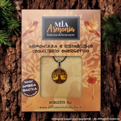 Ciondolo inciso a mano con simbolo ALBERO DELLA VITA in Ambra Baltica e Argento - Immagine 1 di 3