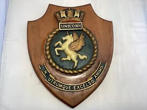 H.M.S EINHORN METALLWANDPLAKETTE / SCHILD AUF HOLZSOCKEL (HANDBEMALTE VERSION) - Bild 1 von 10