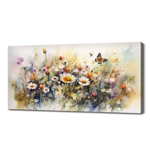 Colorido Prado Primavera Flores Mariposa Acuarela Decoración Moderna Estampado en Lona - Imagen 1 de 7