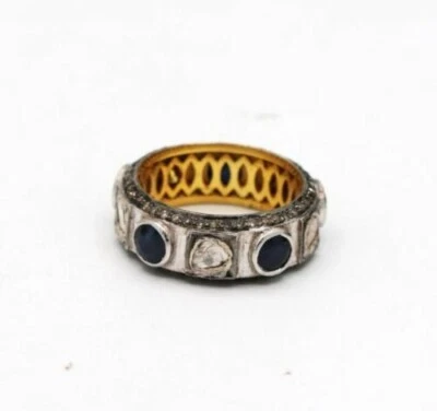 Zaffiro Blu Gemma a Pavé Polki Diamante 925 Argento Sterling Eternity Fedina - Immagine 1 di 4