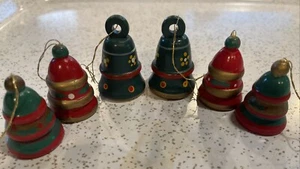 Vintage Wooden (4) Small Christmas 1.5” Trees And (2) 1 7/8” Bells Hand Painted - Picture 1 of 8
