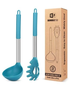 Silicone Pasta Fork and Ladle Spoon Set Large Non Stick Kitchen Utensils for ... - Picture 1 of 7
