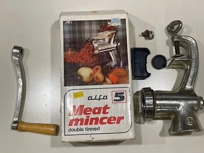 Picadora de carne vintage Alfa 5 doble estaño, caja original Foto 1 de 4