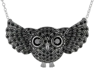 UNIQUE BLACK SPINEL OWL NECKLACE .925 STERLING SILVER 14K BGP 18 INCH - Picture 1 of 3