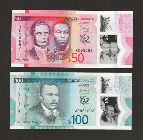JAMAICA $50 + $100 Dollars 2022, P-96a 97a, New Polymer, Pack Fresh UNC Grade Cover