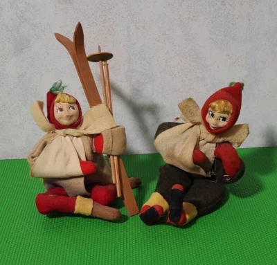 2 Vintage Napco Olympic Champs Felt Doll Skier Japan Roldan Klumpe Figure - Image 1 of 4