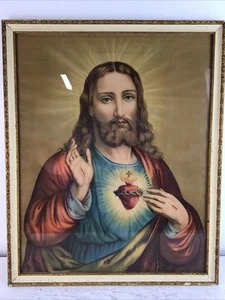 Antiker Holzrahmen Heiliges Herz Jesu Druck 22" x 18" - Bild 1 von 12