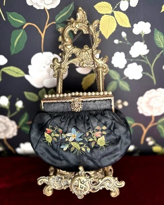 Antique Gold Jewel Frame French Black Floral Tambour Le Point De Beauvais Purse - Image 1 of 3