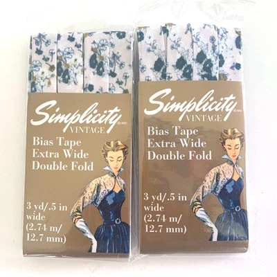 Lot of 2 Pkgs Simplicity Vintage Extra Wide Double Fold BLUE FLORAL BIAS TAPE