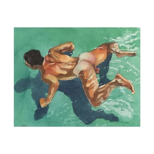 DRUCK Original Kunstwerk Aquarell Gemälde Gay Male Nude "Schwimmer unter Wasser - Bild 1 von 13